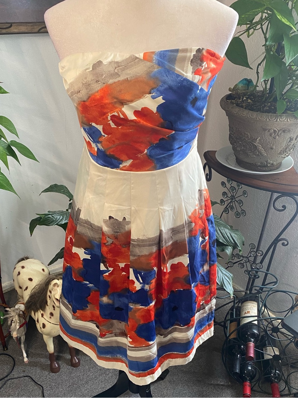 Outback Red Strapless Floral Abstract Fit-and-Flare Dress in Blue, Red, Cream
